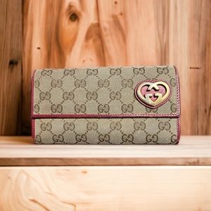 GUC Gucci Beige/Magenta GG Canvas Lovely Heart Continental Wallet